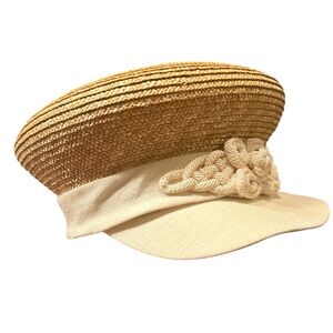 Eric Javits NWT Vintage 1990 Straw Fabric Military Cap Rope Detail Elegant